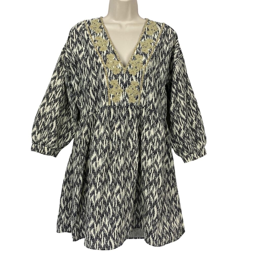 Zara Linen Mini Dress Extra Small Black Tan Embroidered Beaded Ikat Babydoll